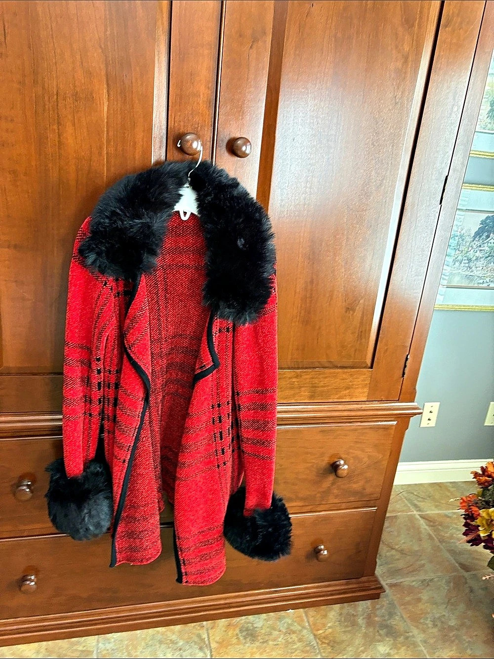 Bellini Red & Black Plaid Fur Trim Coat Like New